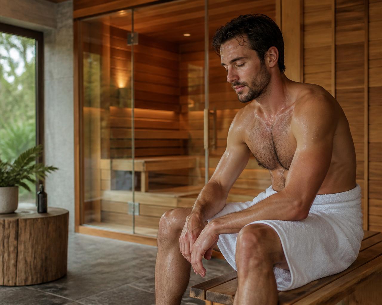 Athlete in a white towel recovering on a wooden bench beside a cedar sauna after training