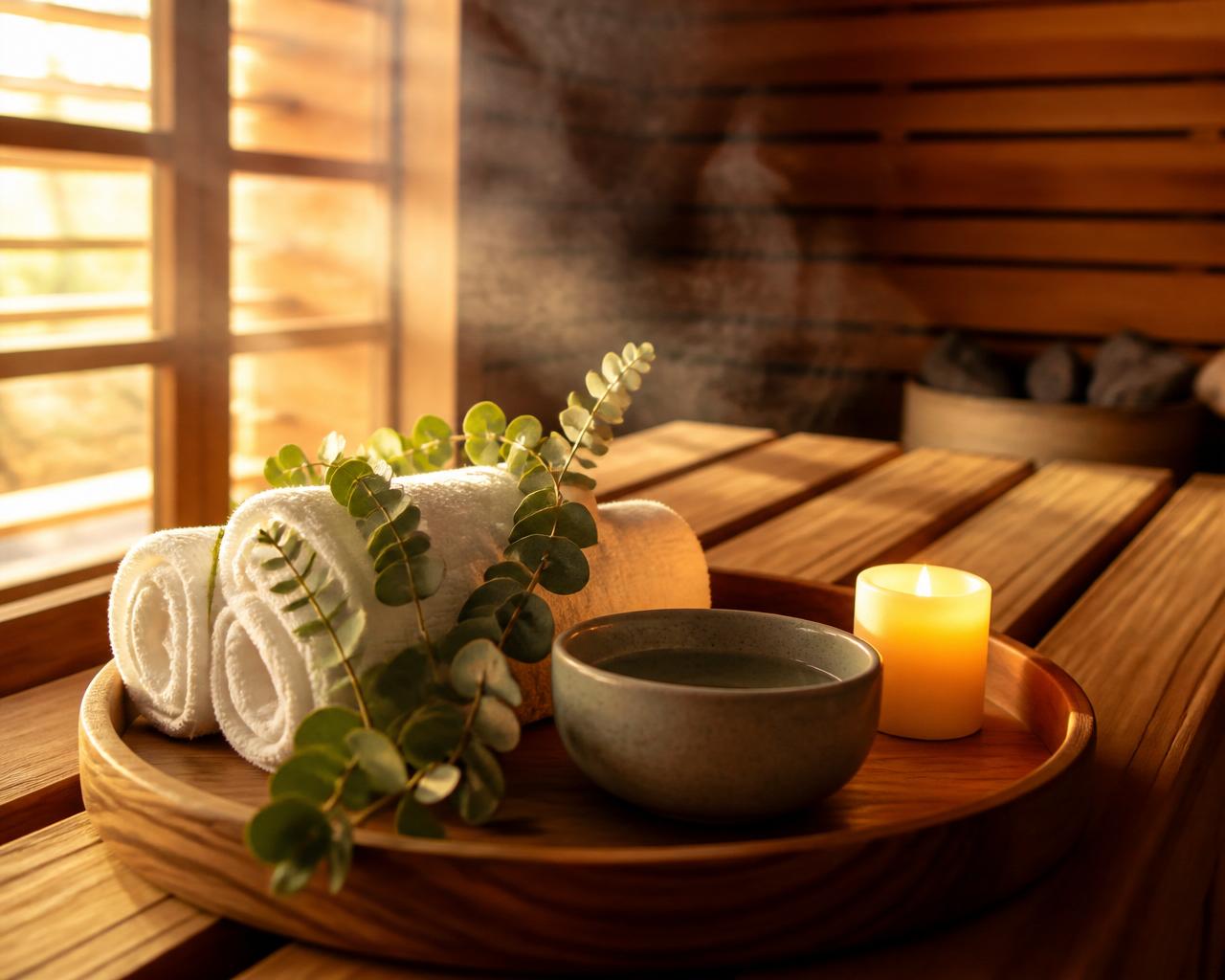 Rolled white spa towels, eucalyptus, ceramic bowl and warm candle inside a cedar sauna