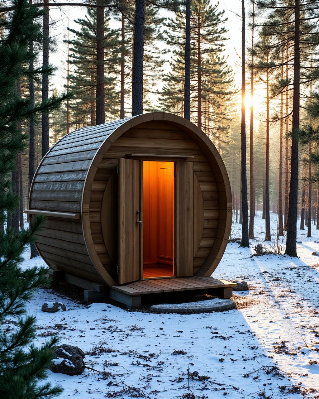 Cedar barrel sauna in a snowy Nordic pine forest at golden hour