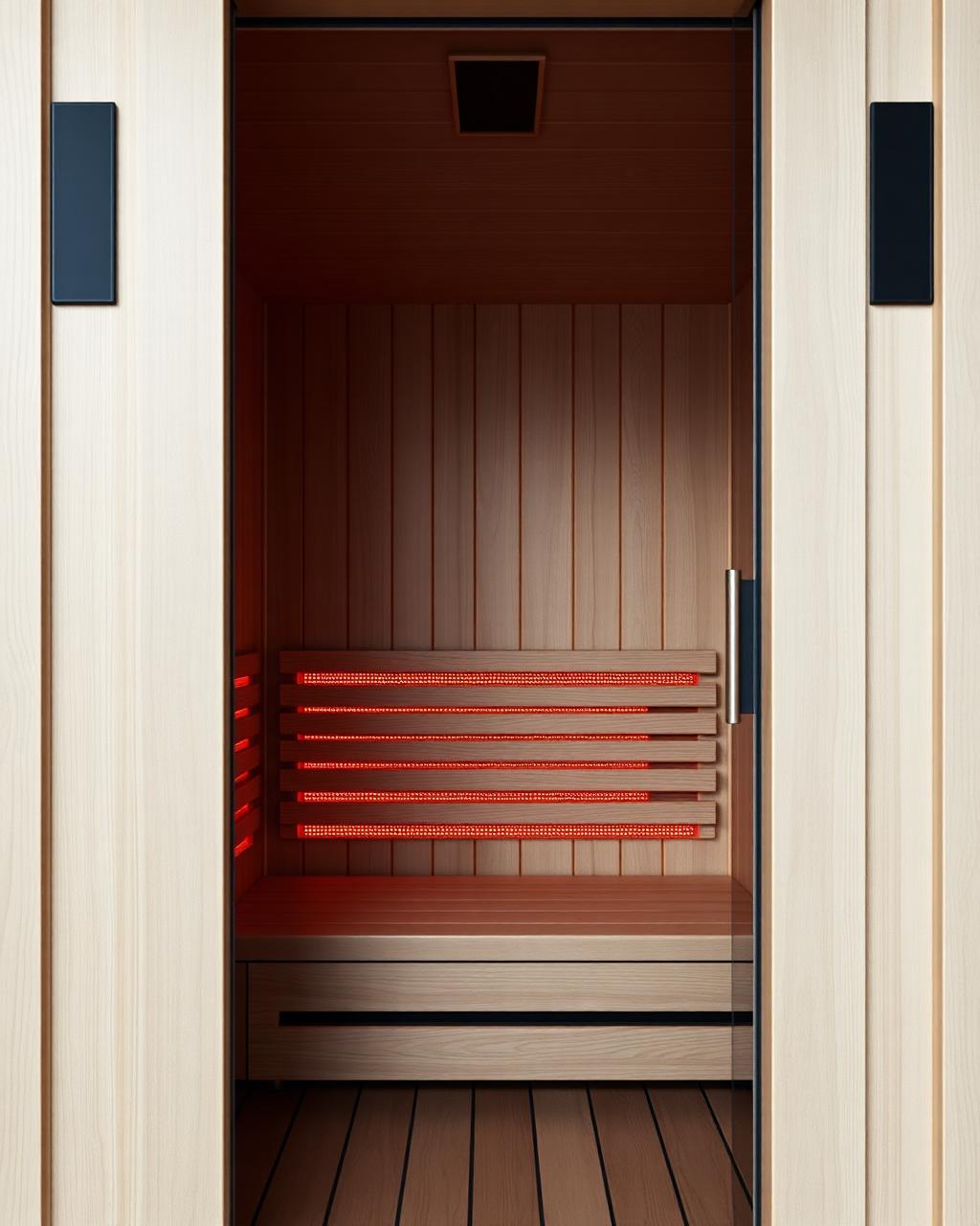 Modern infrared sauna cabin with glowing carbon heater panels