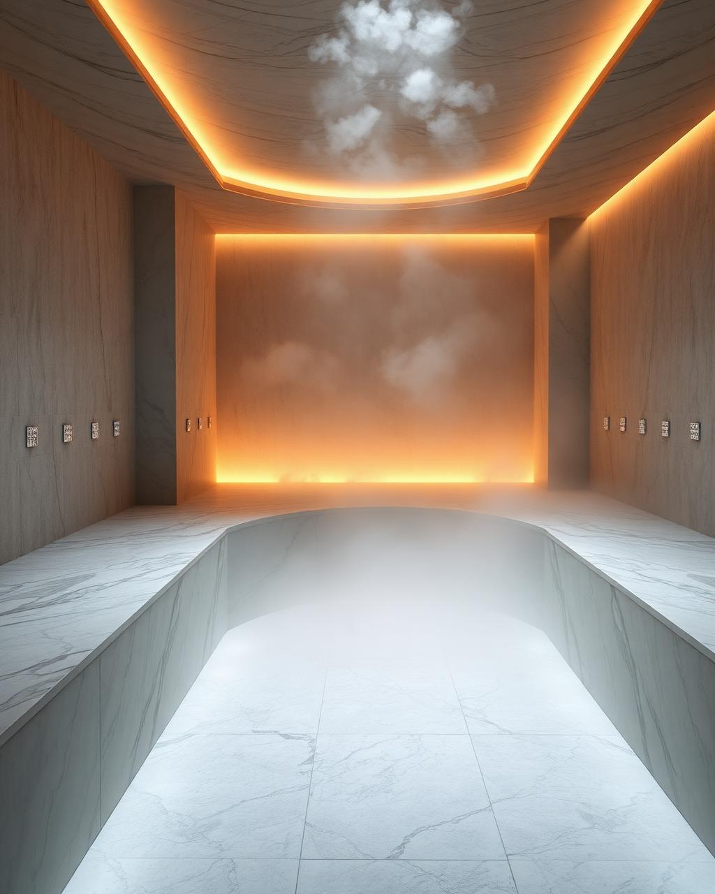 Luxury marble steam room interior with warm ambient light and dense steam