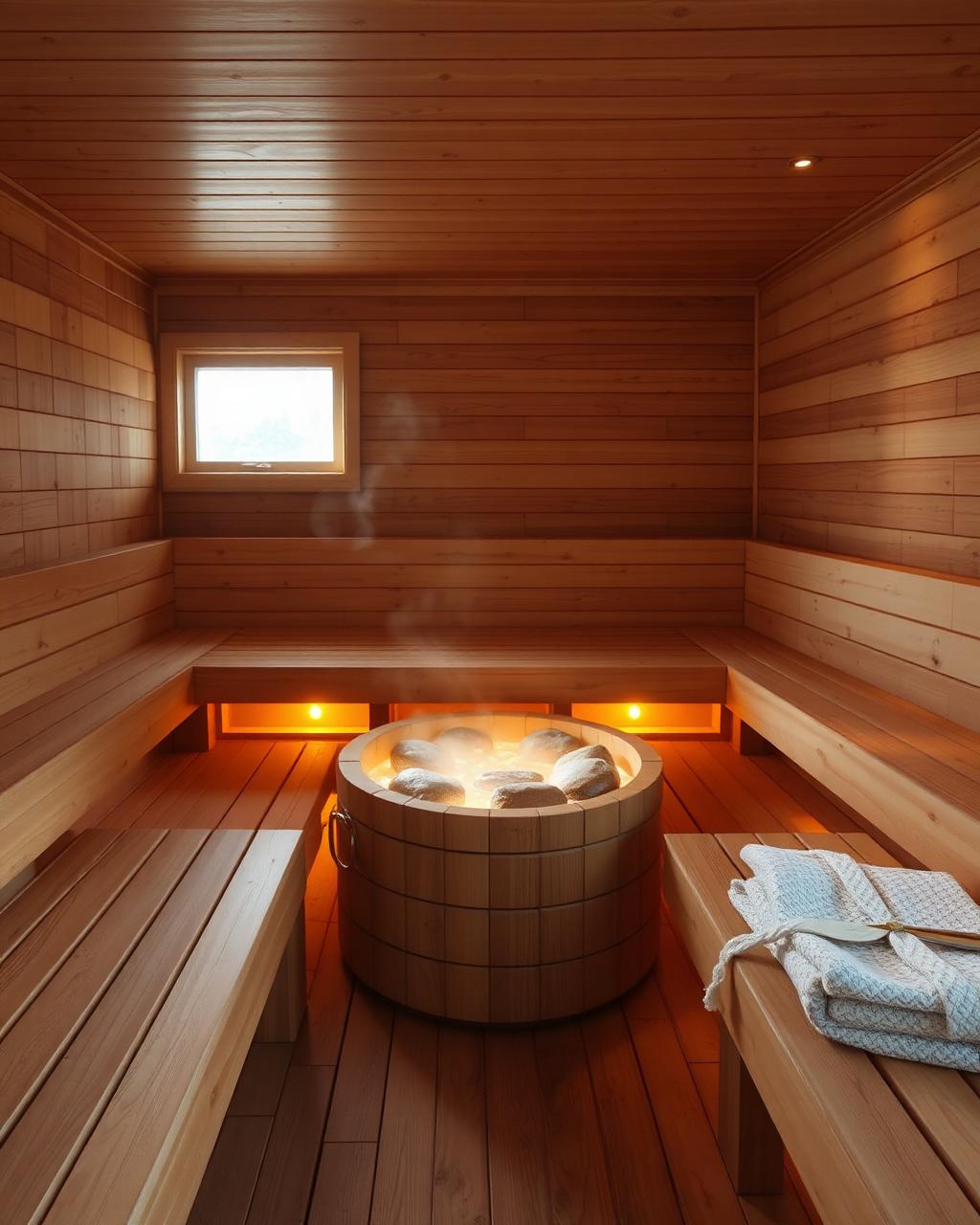 Traditional Finnish sauna interior with cedar benches and glowing hot stones