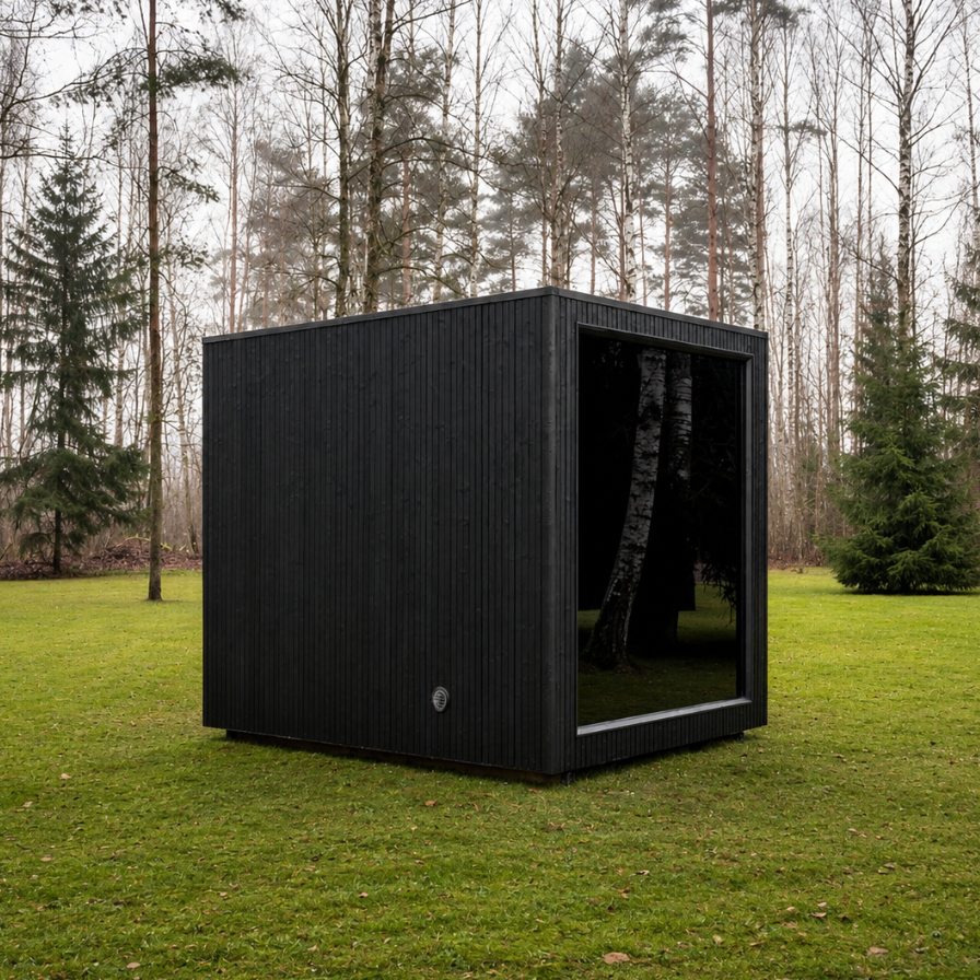 Black cube in the birches